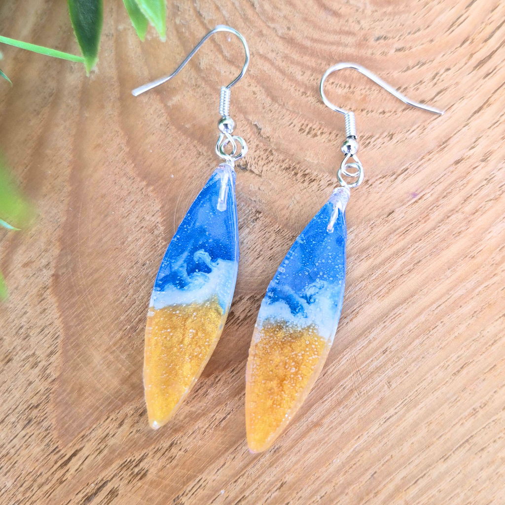 Blue Gold Wave Resin Dangle Earrings, 40x10mm Oval Handmade Drop Earrings, Gift for Her