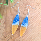 Blue Gold Wave Resin Dangle Earrings, 40x10mm Oval Handmade Drop Earrings, Gift for Her