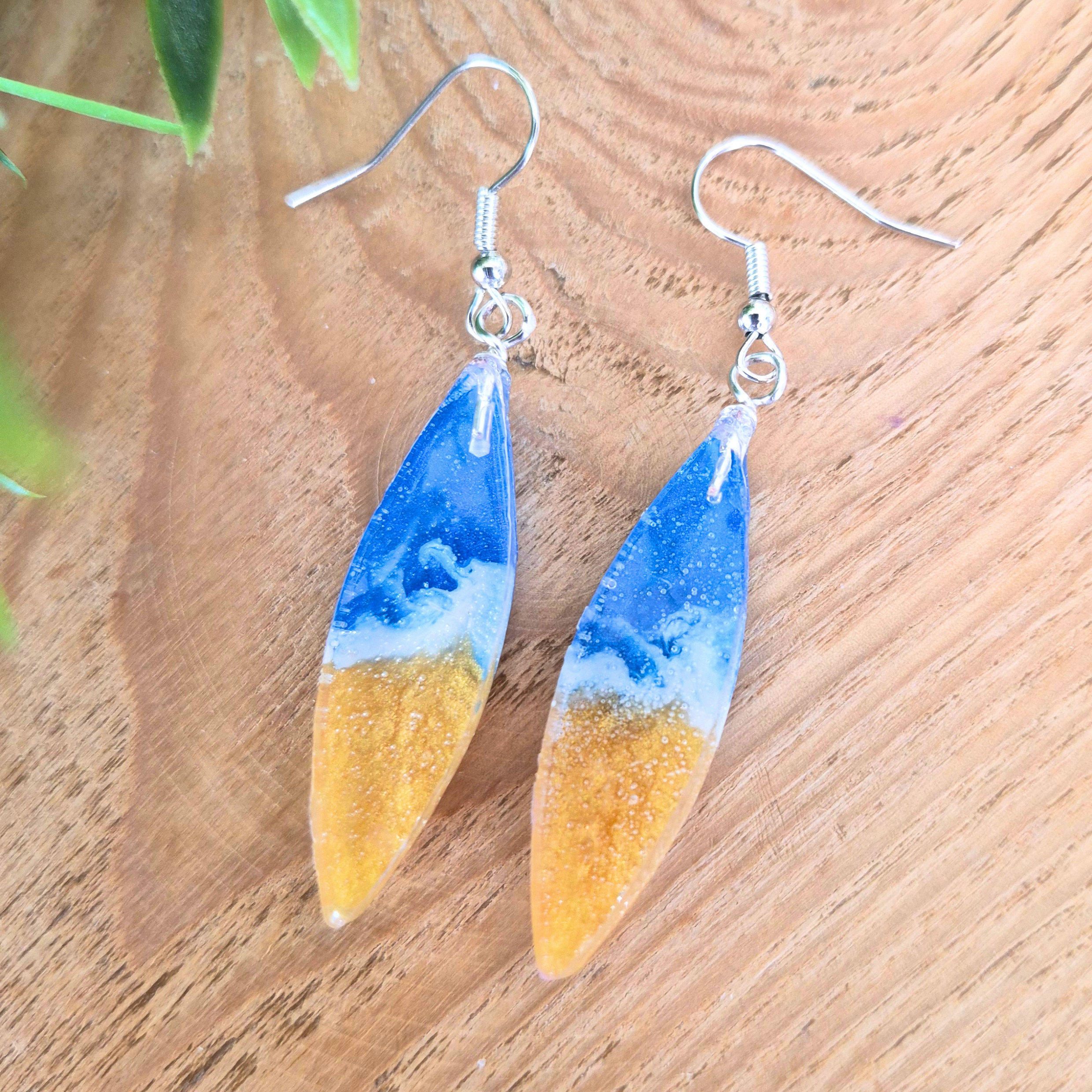 Blue Gold Wave Resin Dangle Earrings, 40x10mm Oval Handmade Drop Earrings, Gift for Her