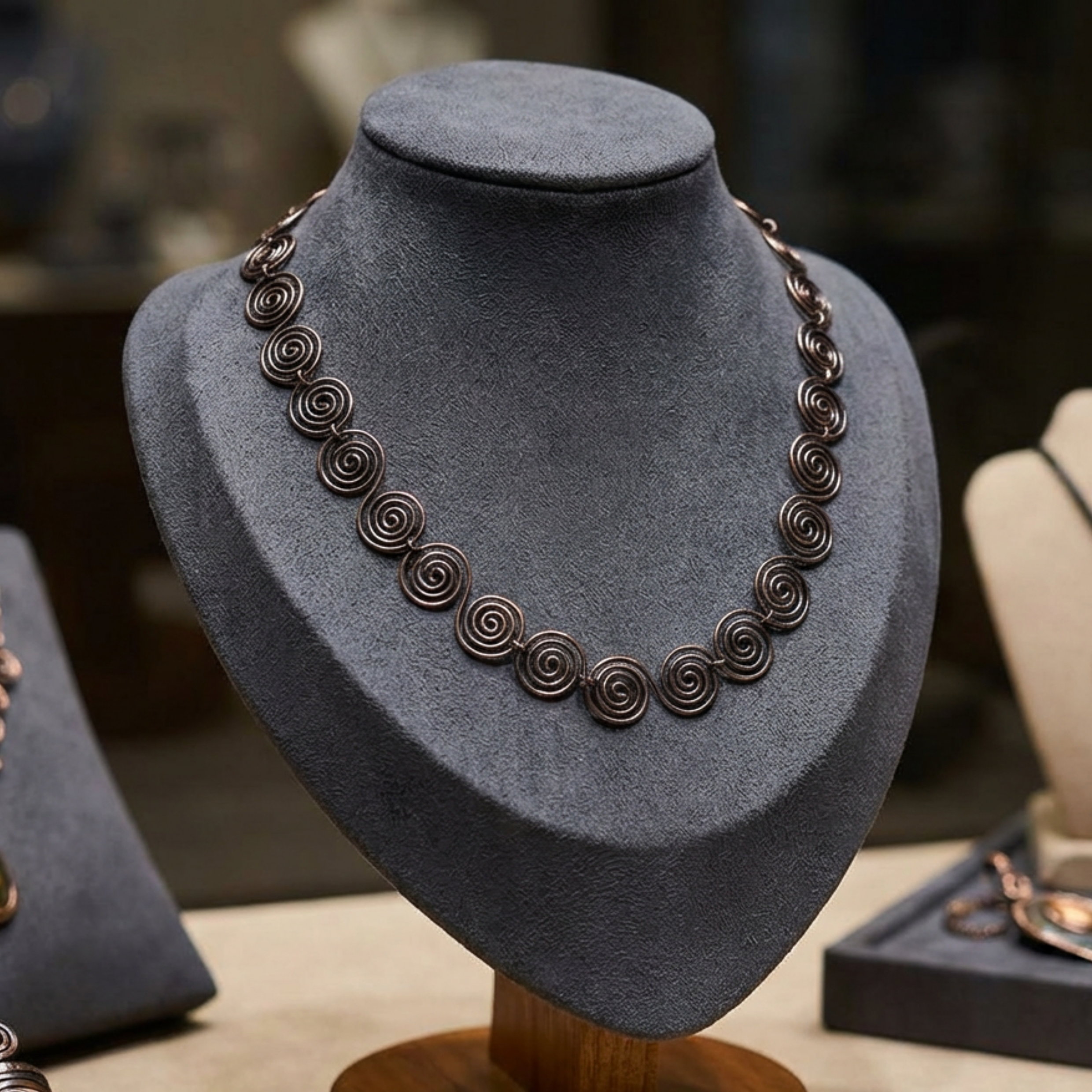 Copper Necklace on a grey mannequin bust with a blurred background