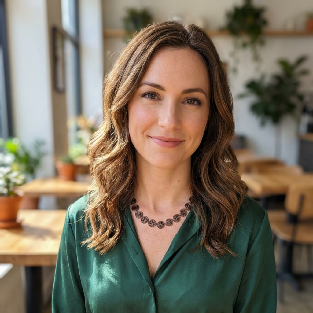 Woman in a green shirt and copper spiral necklace standing in a casual indoor setting with plants and tables.