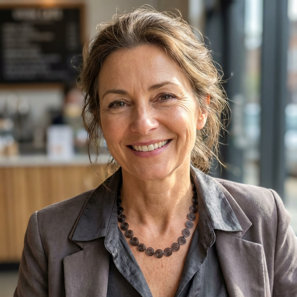 Woman smiling in a casual setting with blurred background in smart casual wear with a copper spiral necklace