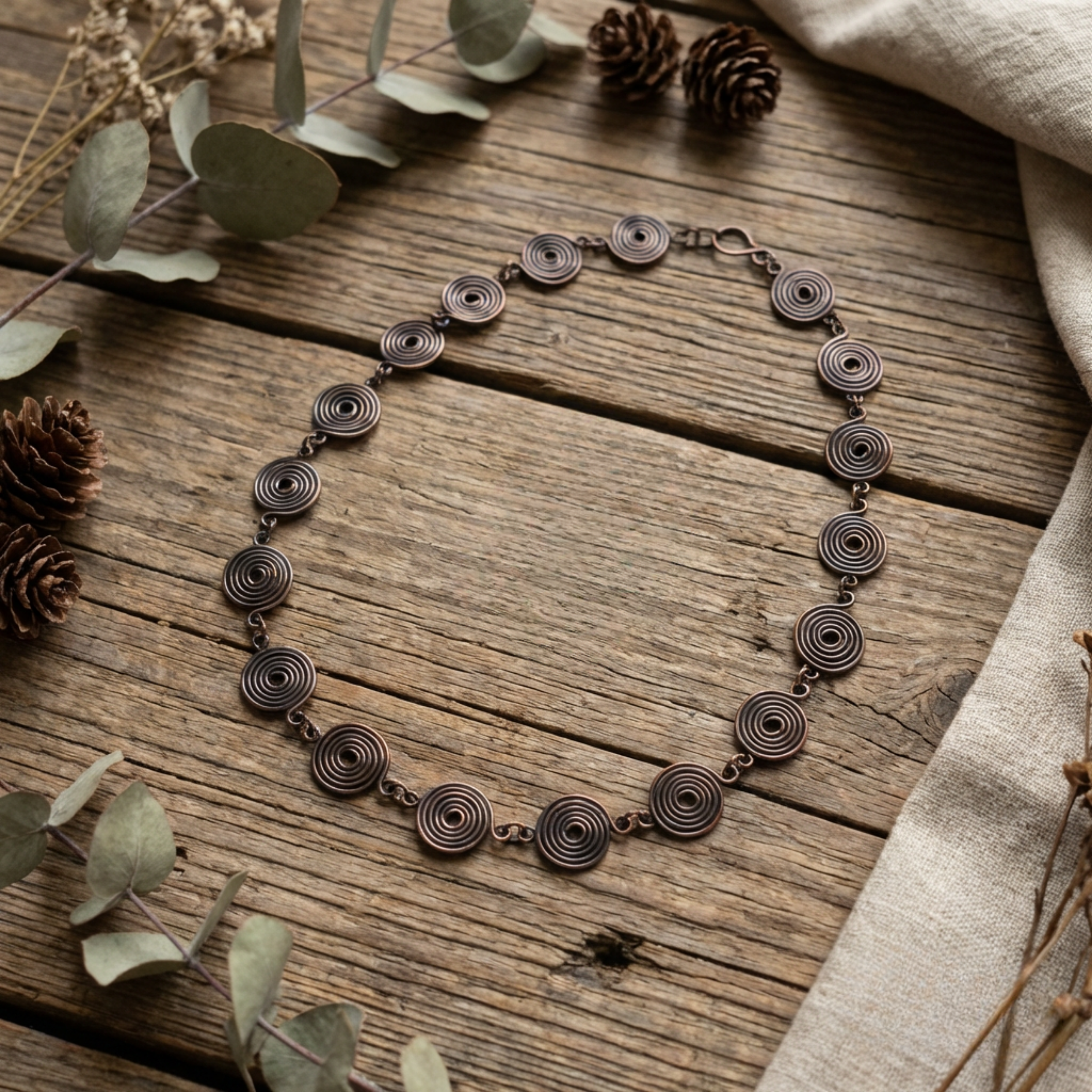 Bronzed copper spiral necklace on a wooden surface with leaves and pinecones