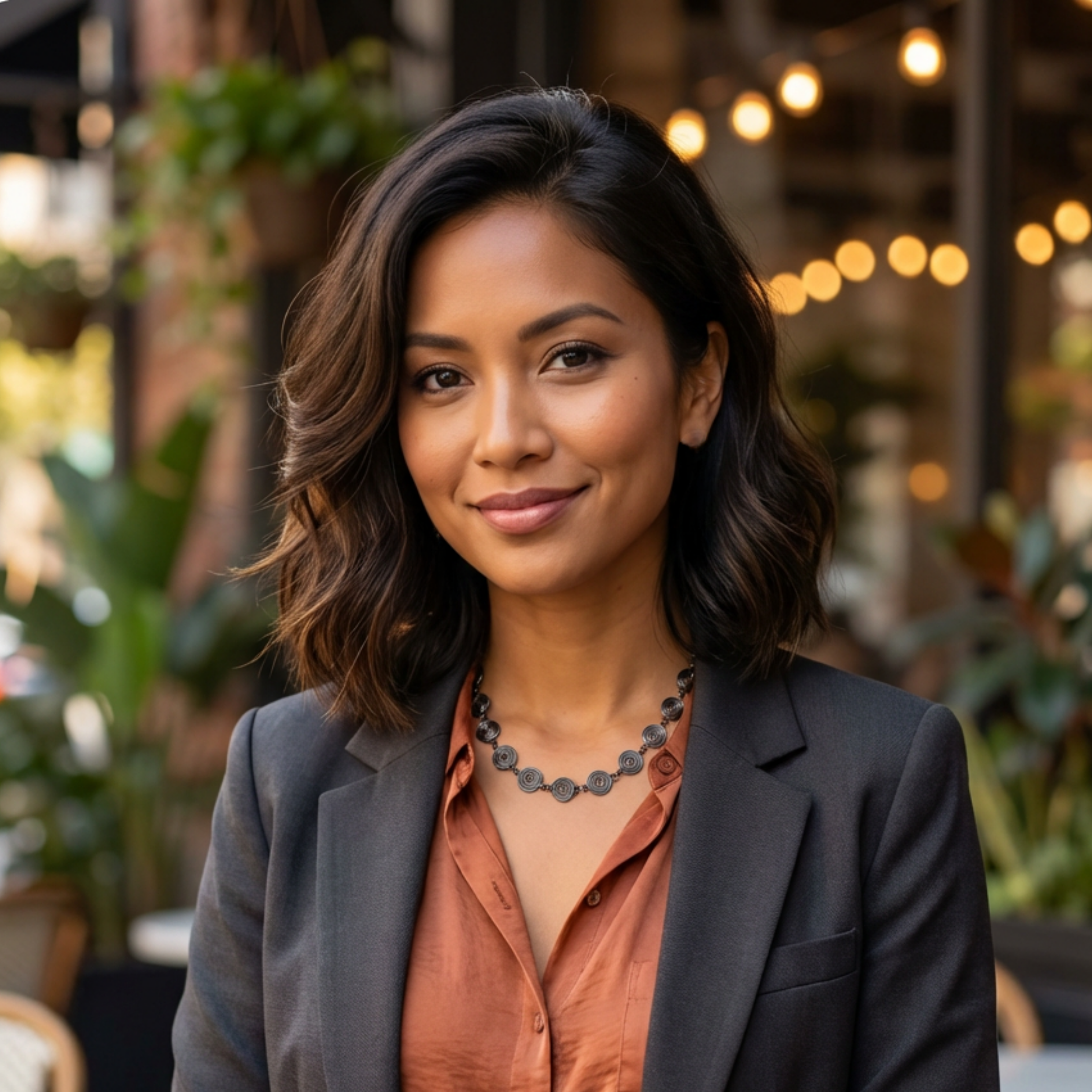 Woman in a professional setting with blurred background wearing an oxidised copper spiral necklace
