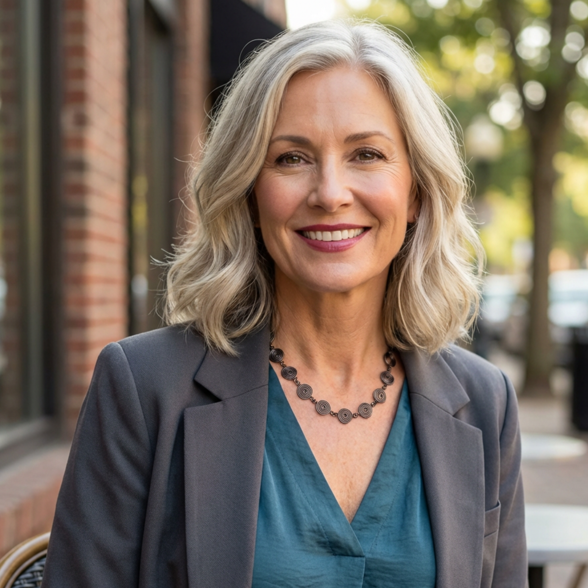 Woman with grey hair wearing a grey blazer and teal top and a copper spiral necklace outdoors.