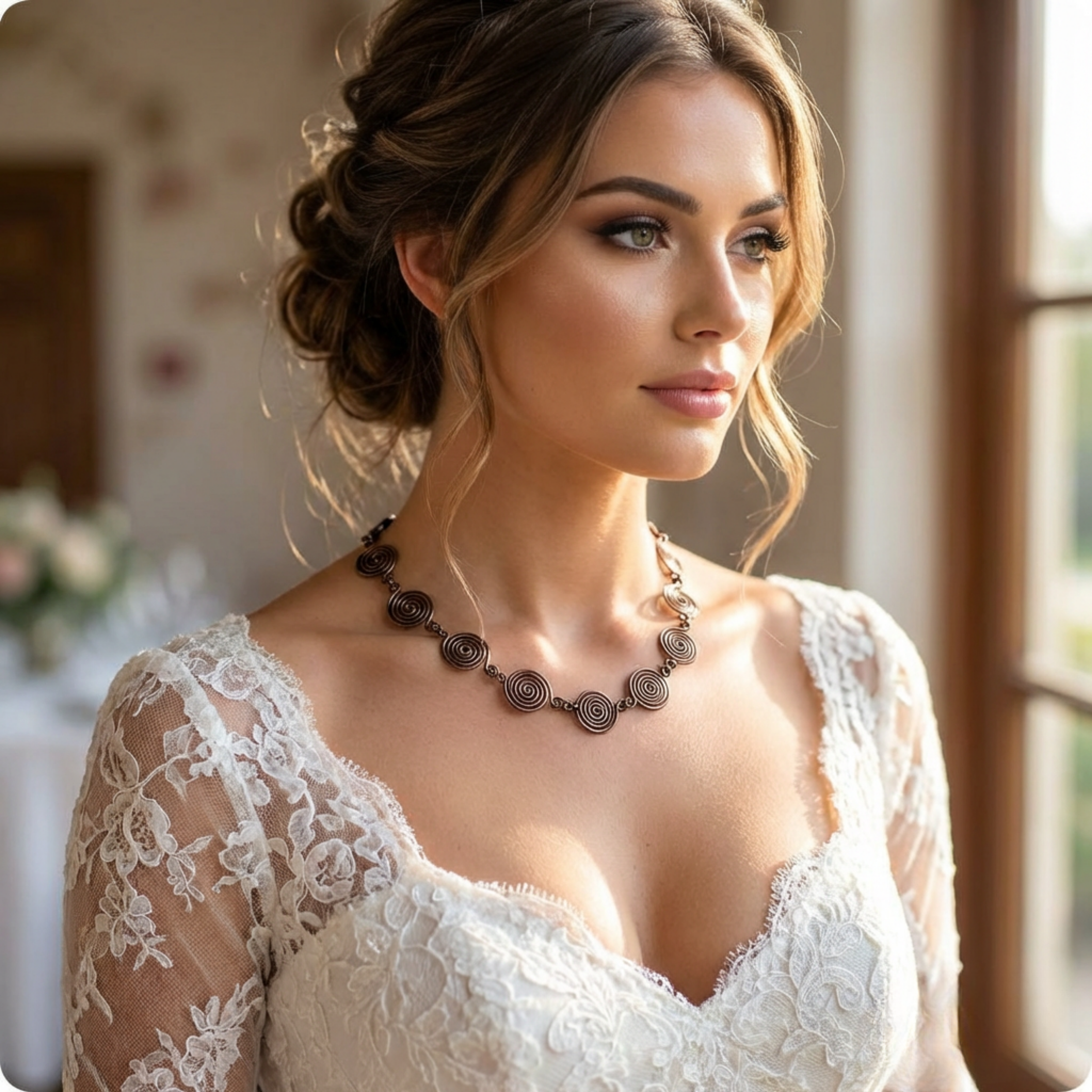 Woman wearing a lace dress with a copper spiral necklace indoors