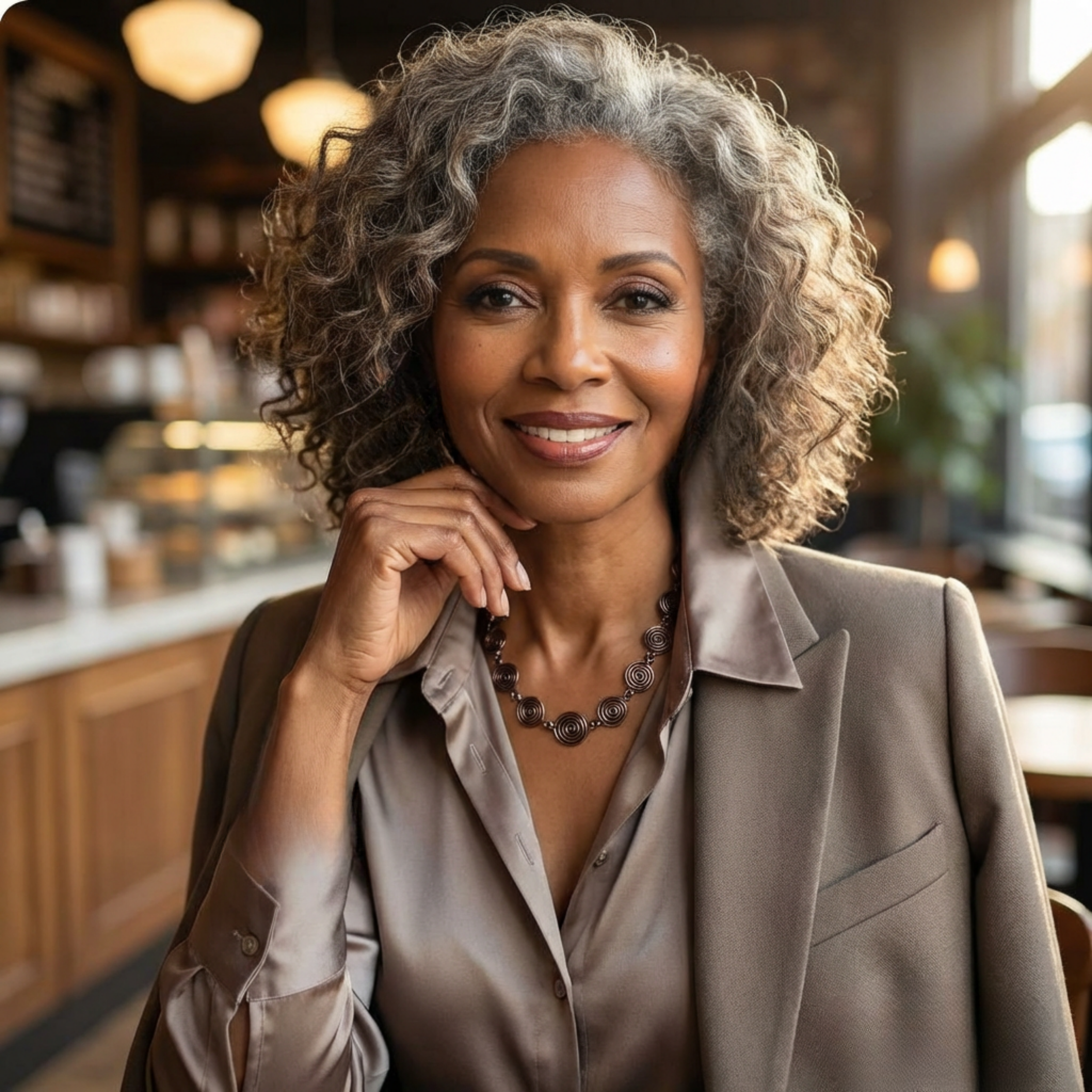Woman with grey hair wearing a beige blazer and shirt  and a deep copper spiral necklace in a cafe setting