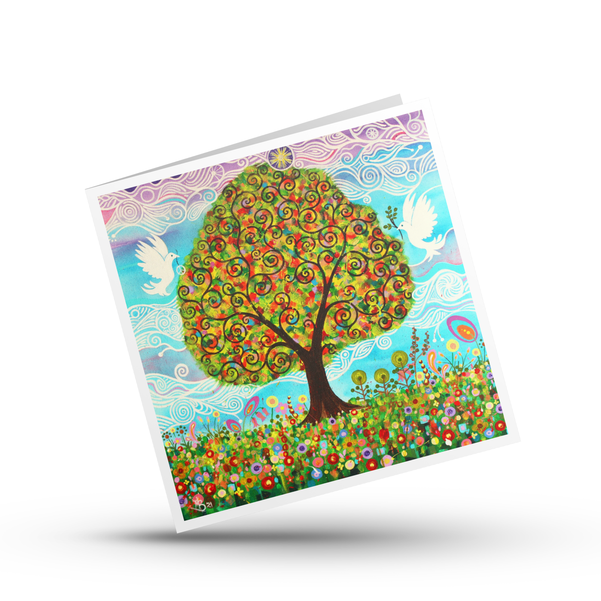 Colourful greeting card with a tree of Life and white doves design on a white background by Mark Betson Artist