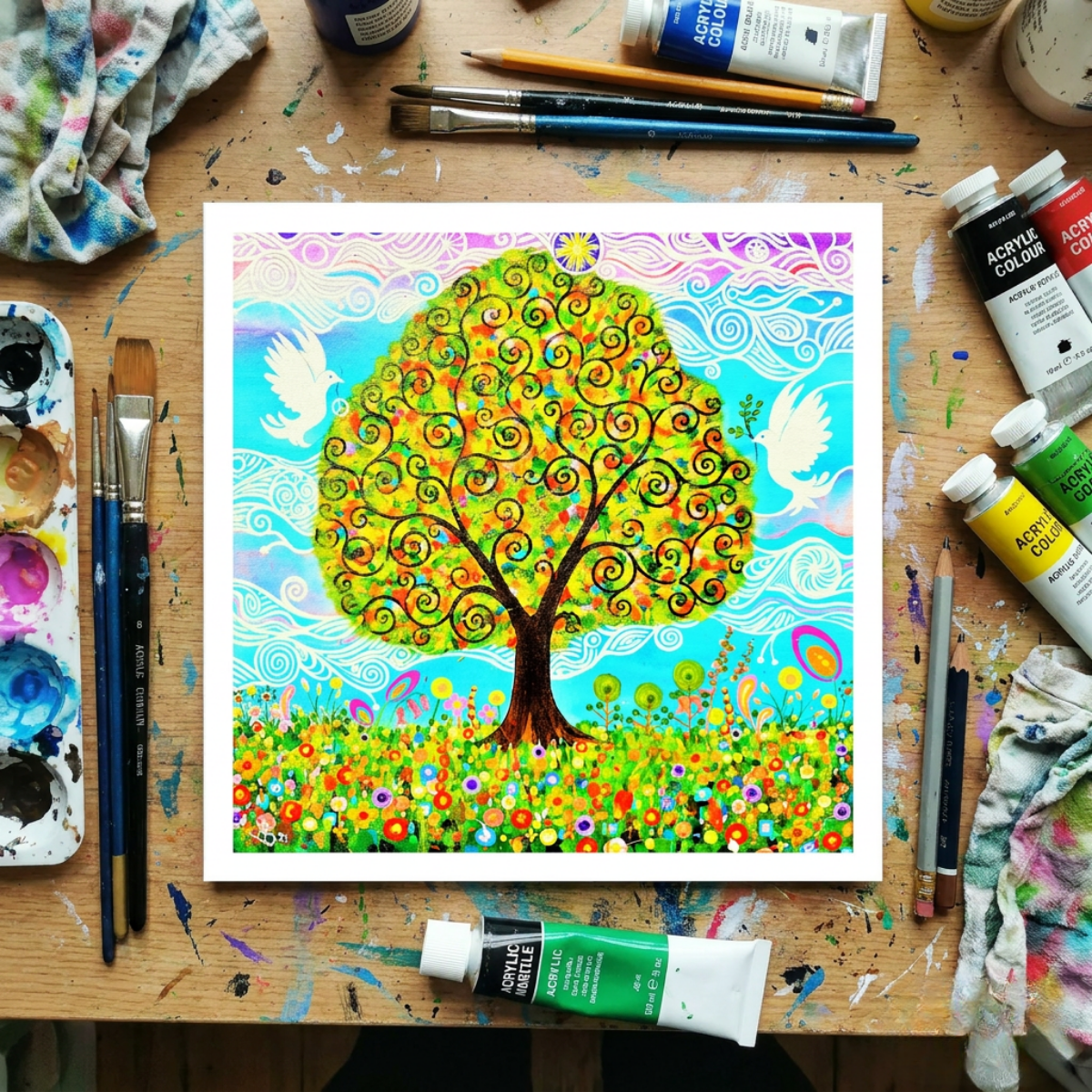 Colourful abstract artwork of a tree and doves on a wooden table with art supplies.