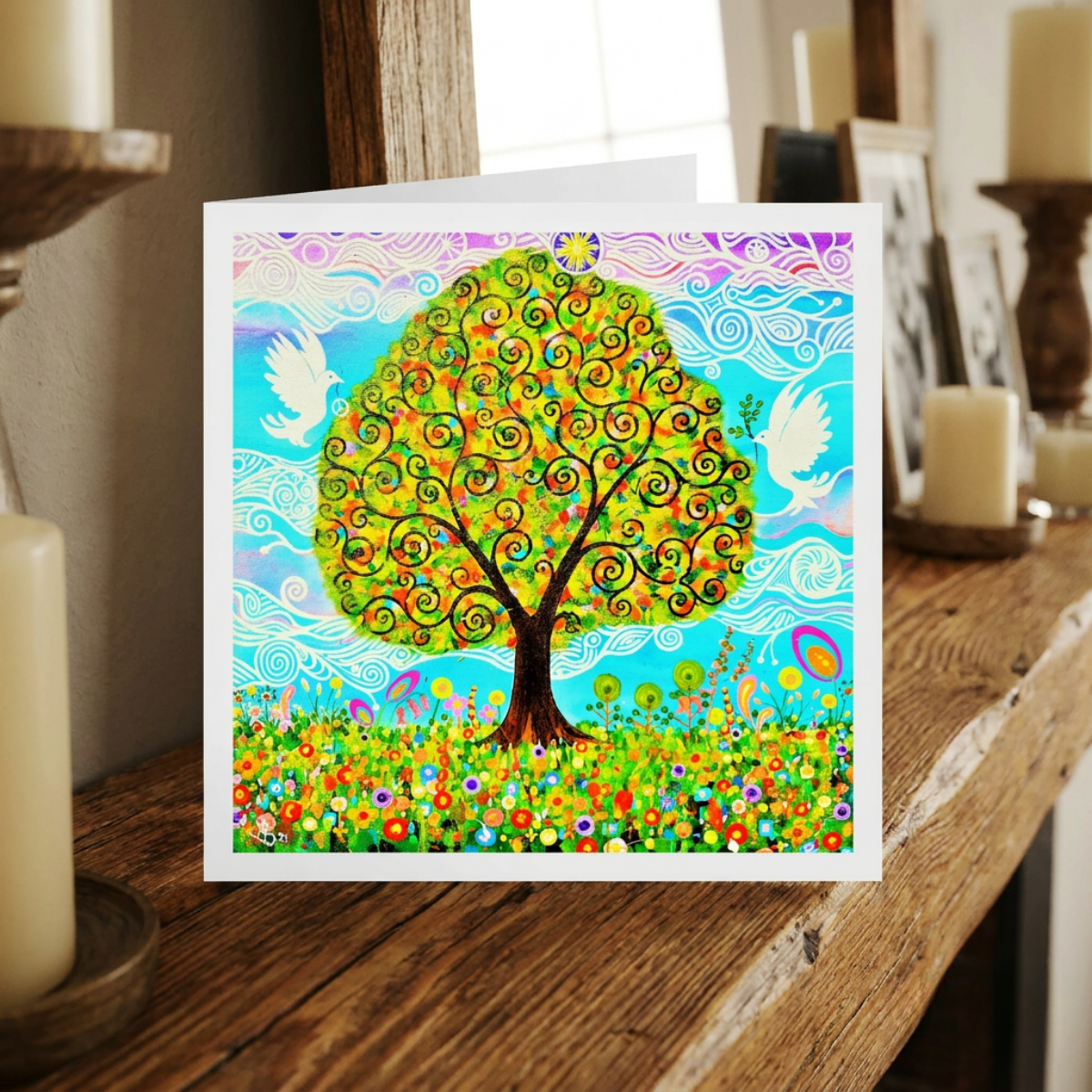Colourful greeting card with a tree and doves design on a wooden surface.
