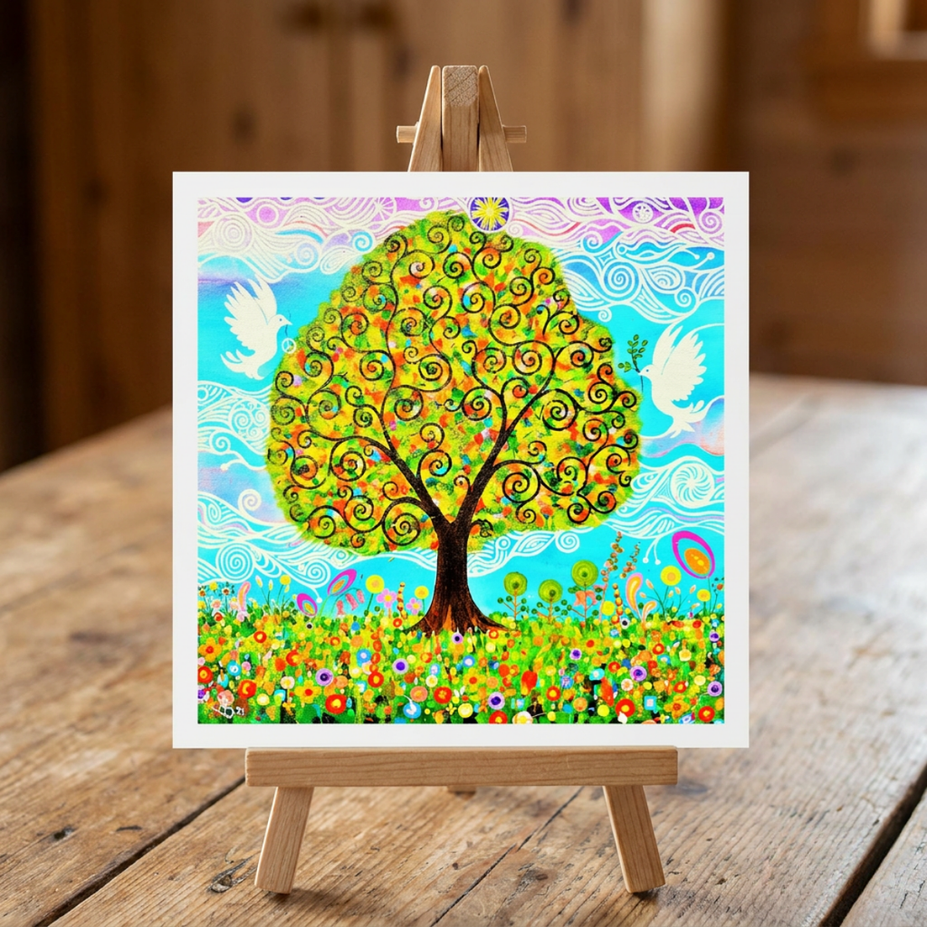 Colourful artwork of a tree with abstract design on a wooden easel.