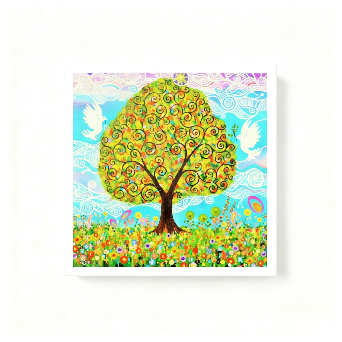 Colourful artwork of a tree and doves with abstract design on a white background