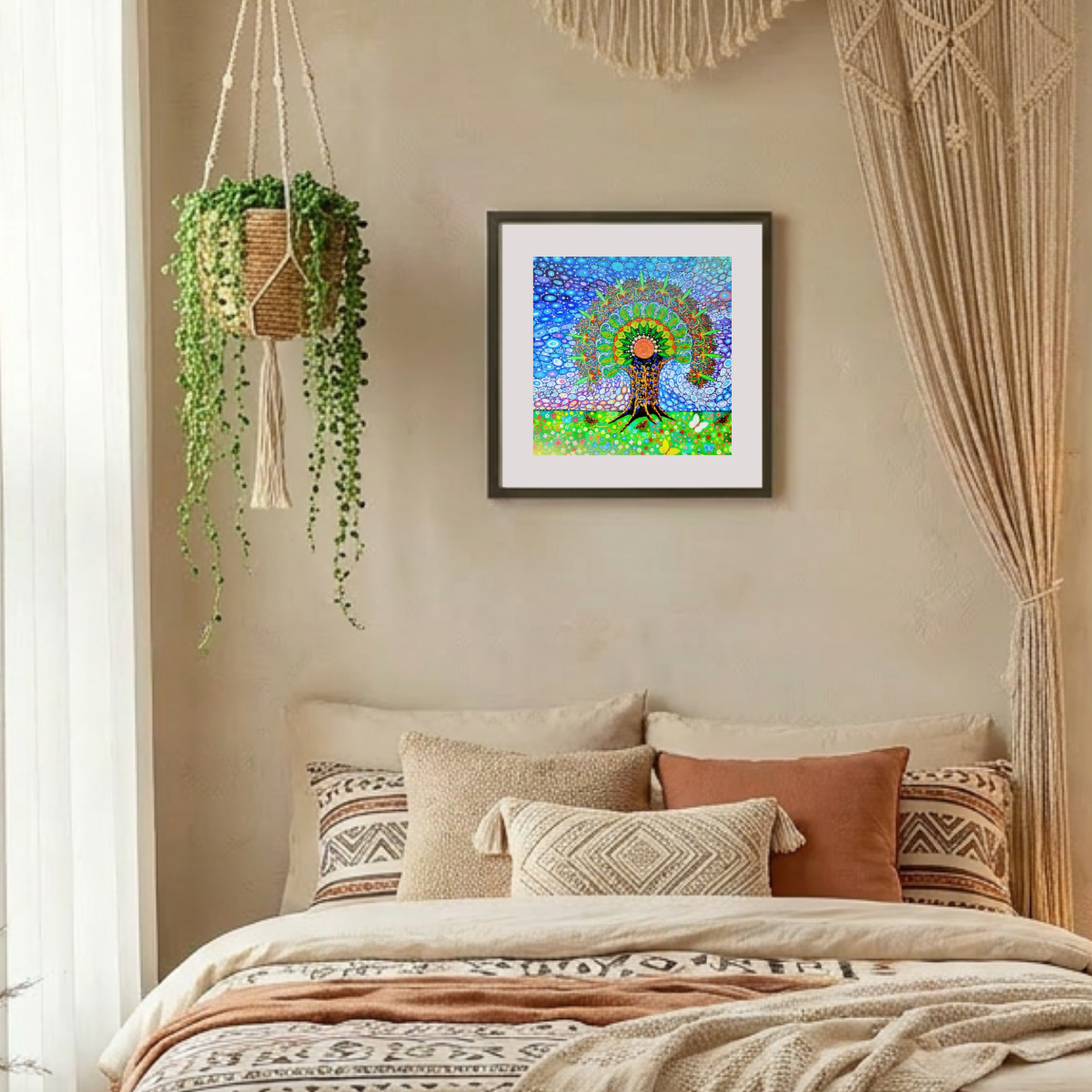 Decorative bedroom with a bed, pillows, and wall art.