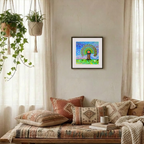 Cozy living room with a colourful abstract mandala Tree of Life painting, patterned pillows, and a wooden bench.