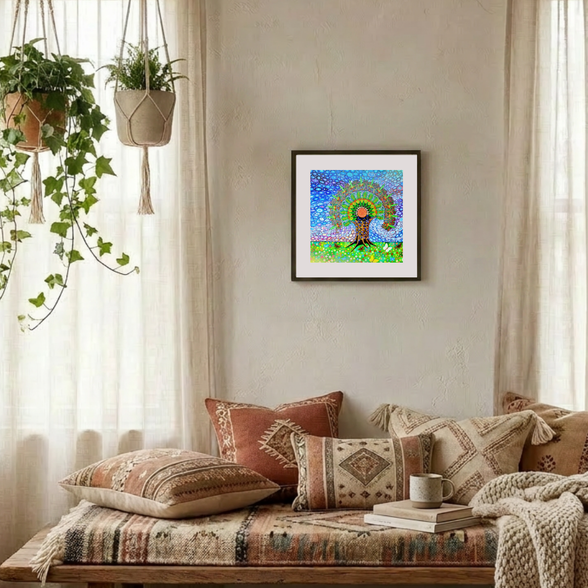 Cozy living room with a colourful abstract mandala Tree of Life painting, patterned pillows, and a wooden bench.