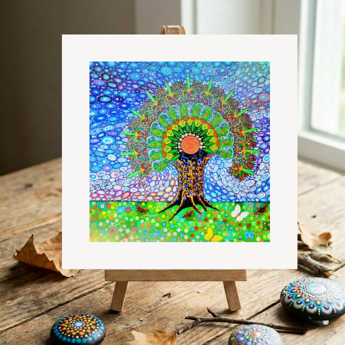 Colourful mandala abstract artwork on a small easel with decorative stones on a wooden surface.