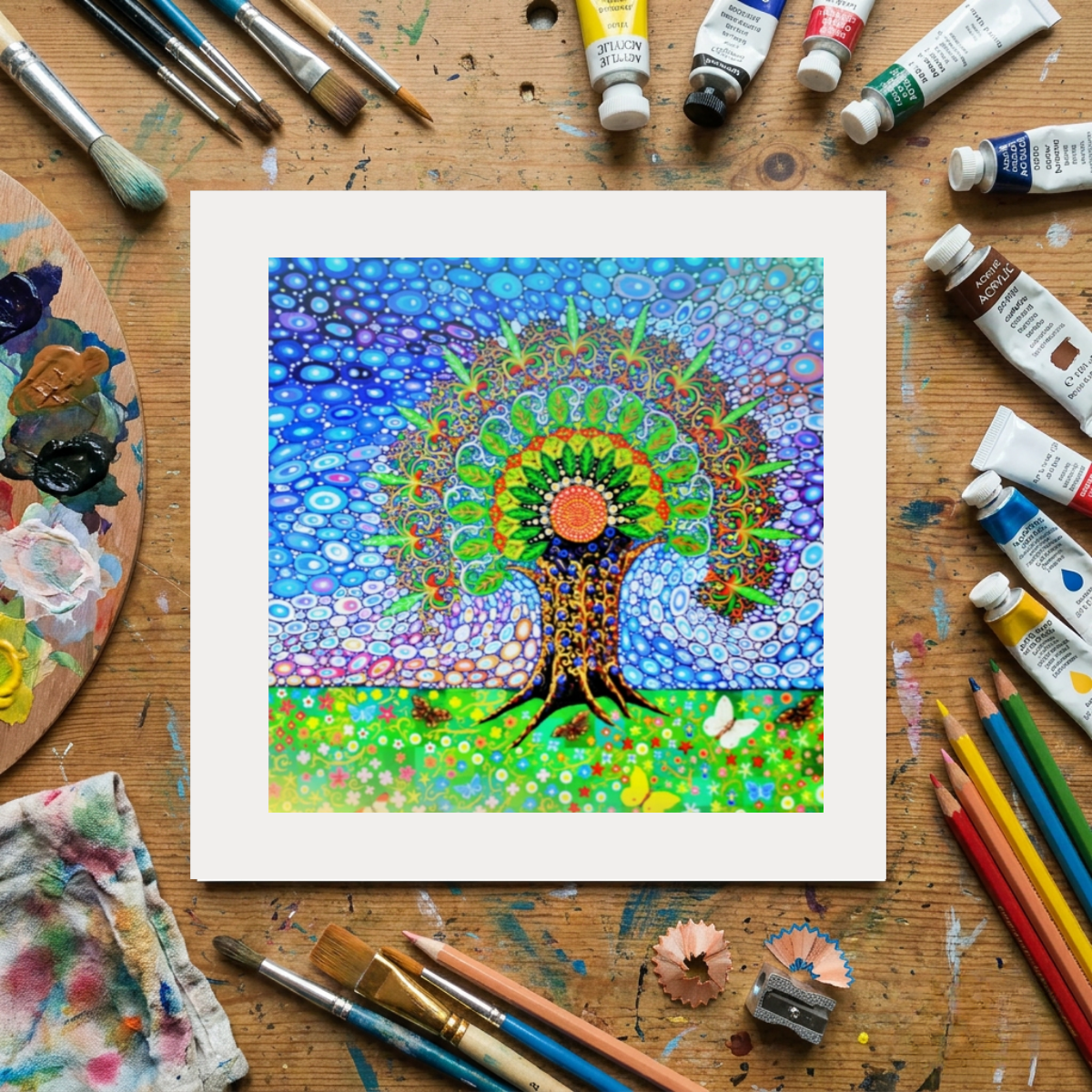 Colourful abstract painting of a peacock on a wooden surface with art supplies.