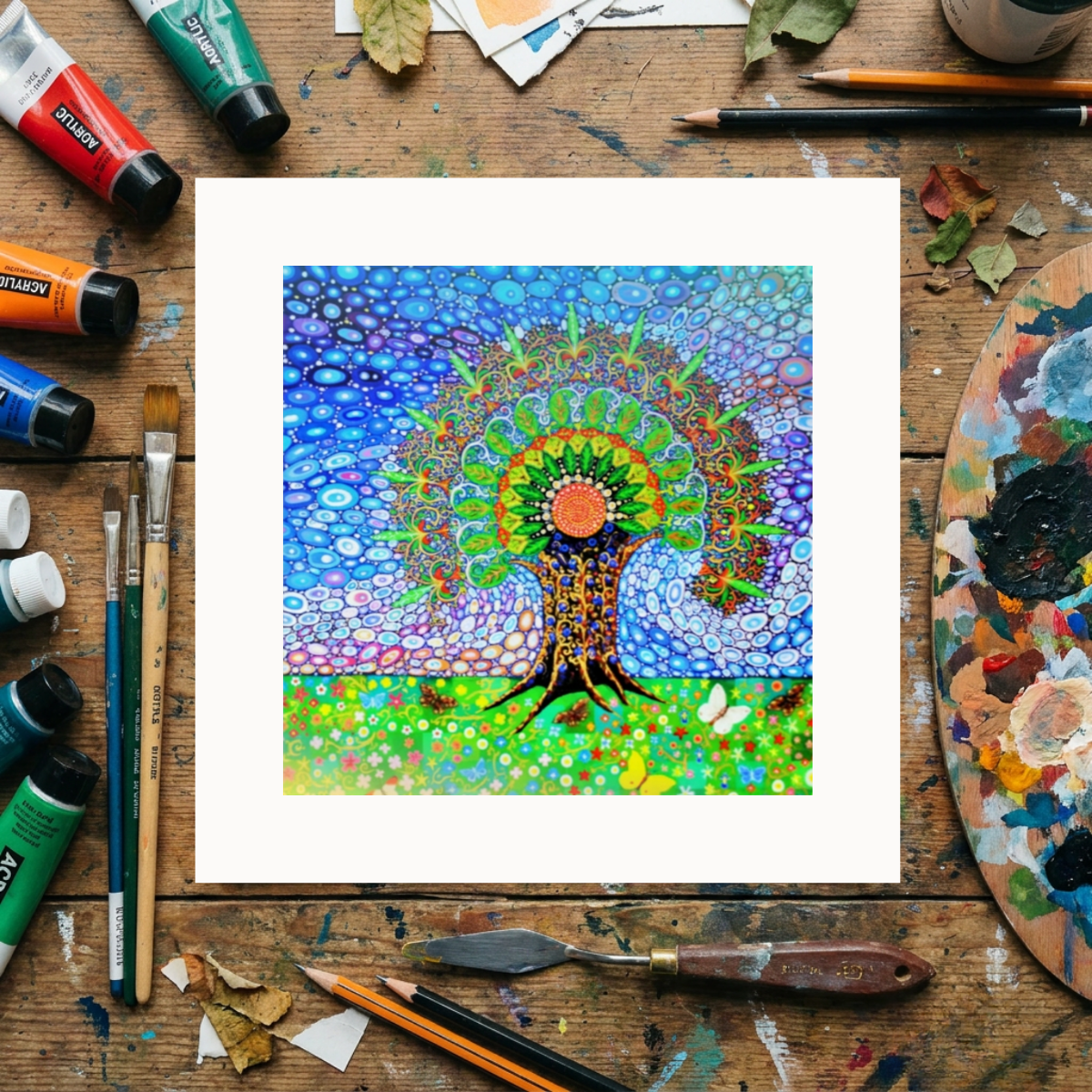 Colourful abstract mandala artwork  of a tree of life on a wooden surface with art supplies