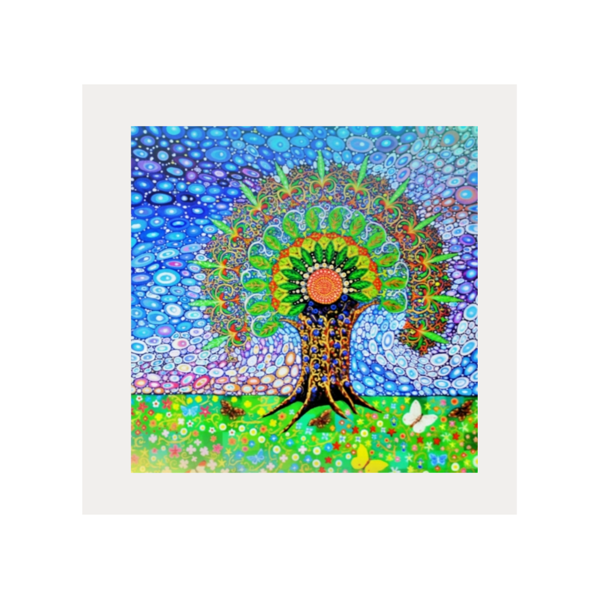 Colourful abstract artwork of a tree with a white border