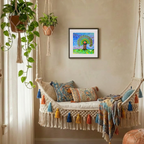 Decorative indoor swing with colourful pillows and a framed painting on the wall.