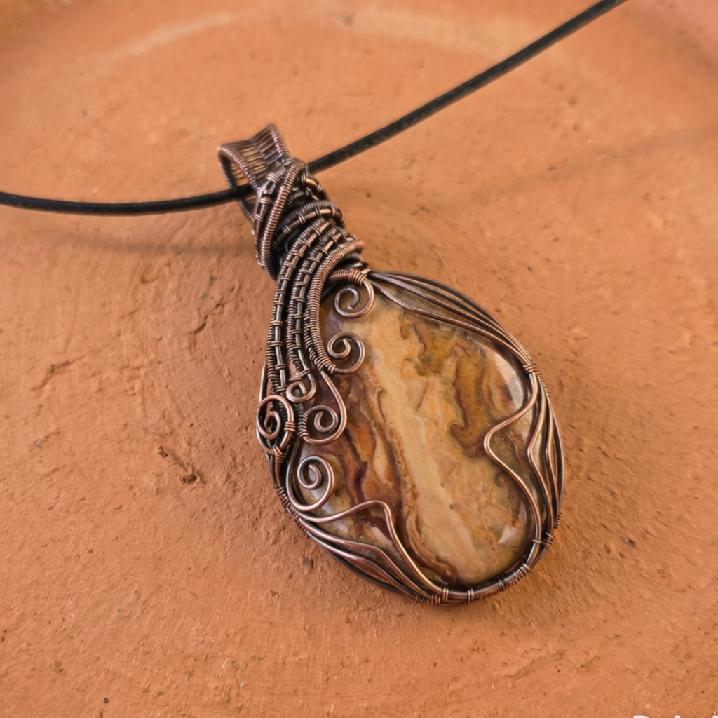 Decorative pendant with a Picture Jasper copper wire wrapped pendant on a brown surface