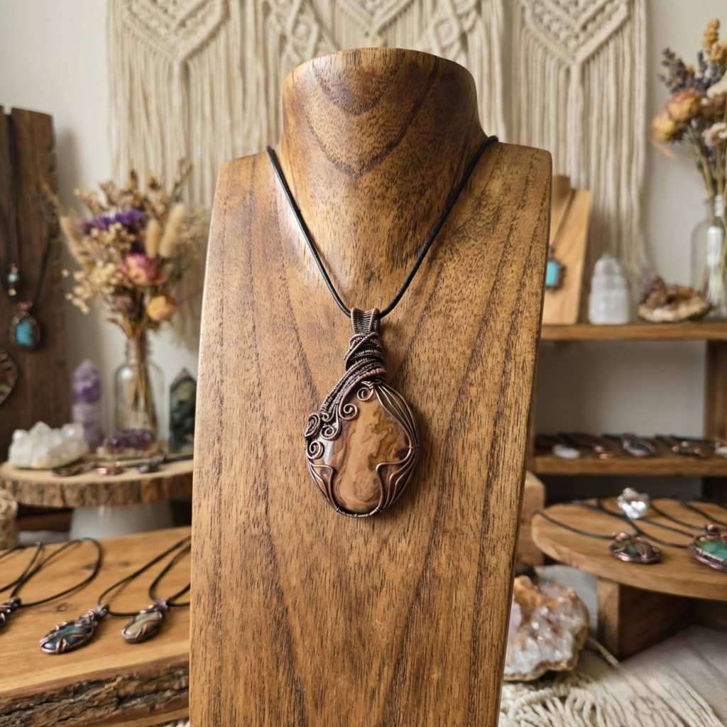 Wooden necklace stand with a pendant on a mannequin head, surrounded by other jewelry and decor.