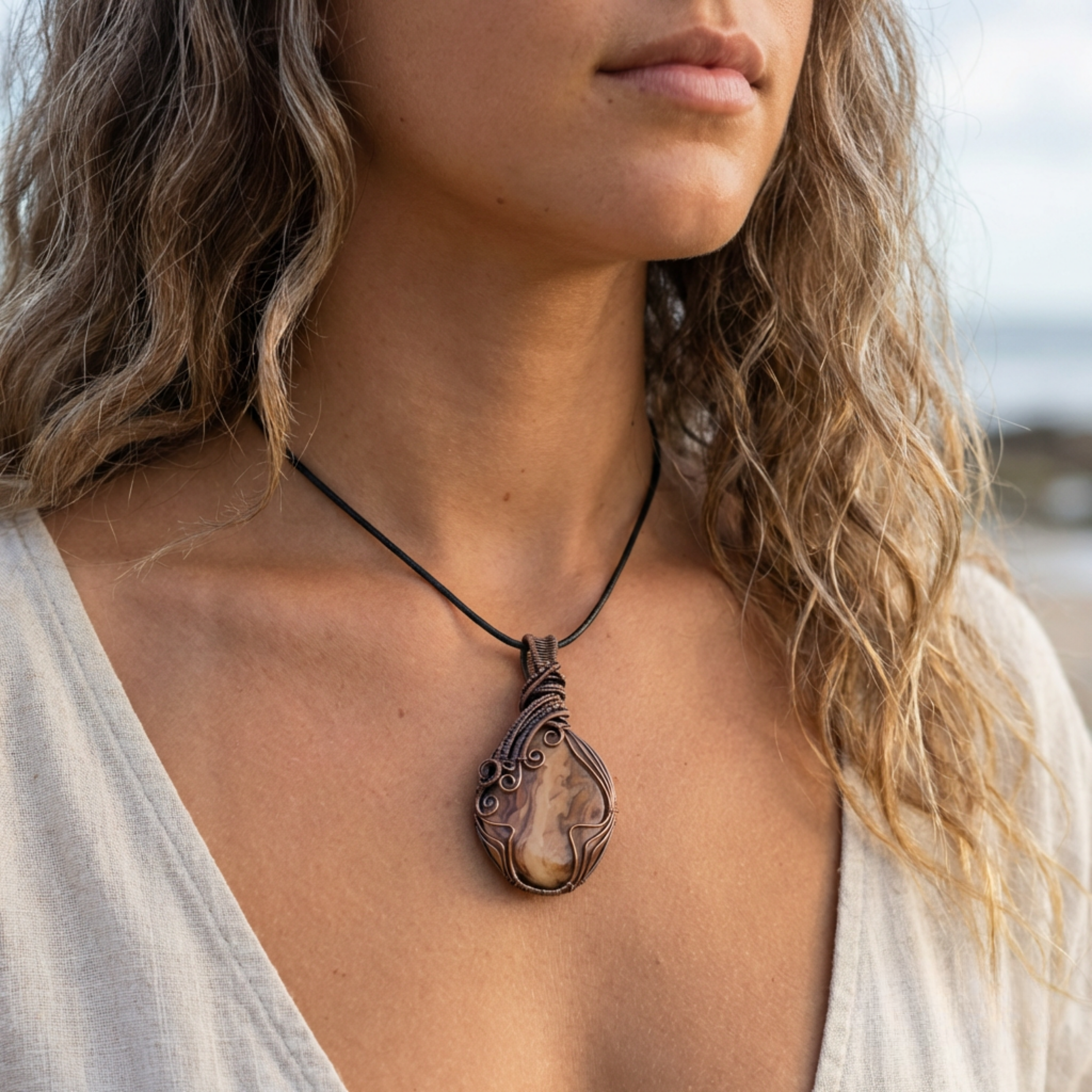 Close-up of a woman wearing a picture jasper necklace with a large pendant outdoors