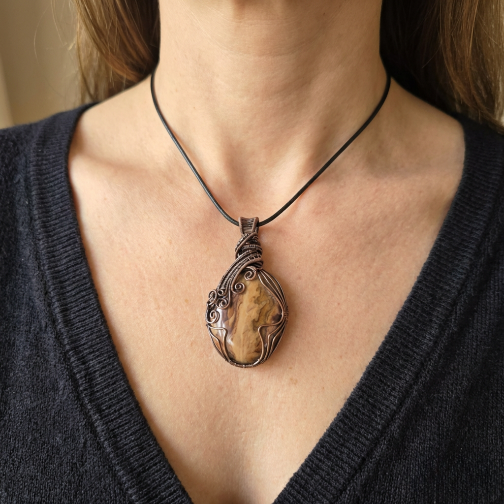 Necklace with a picture jasper pendant worn by a person