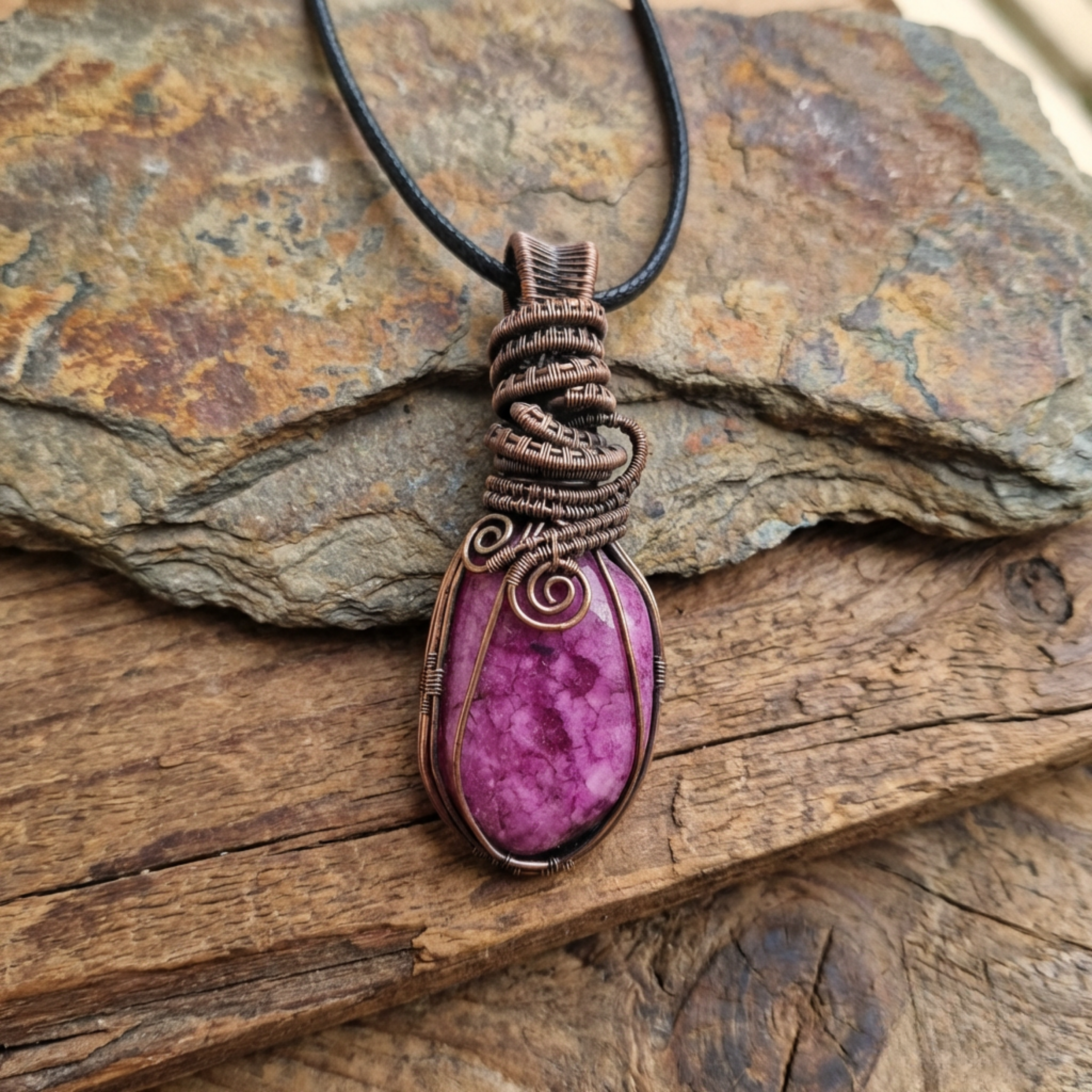 Necklace with a pink stone pendant on a wooden surface