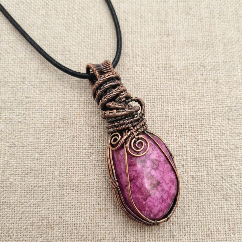 Pink stone pendant with copper wire wrapping on a beige fabric background