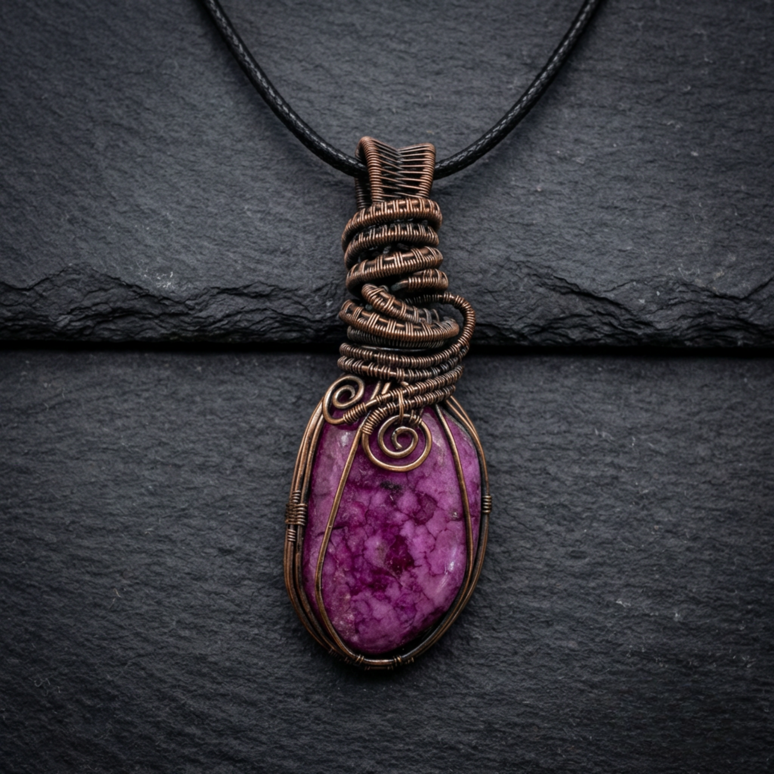 Purple and pink crackle quartz agate gemstone pendant with copper wire wrapping on a dark background