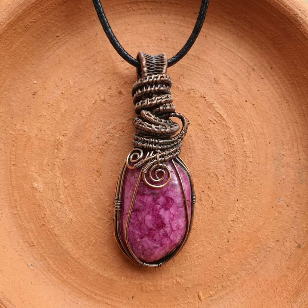 Pink stone pendant with wire wrapping on a brown surface