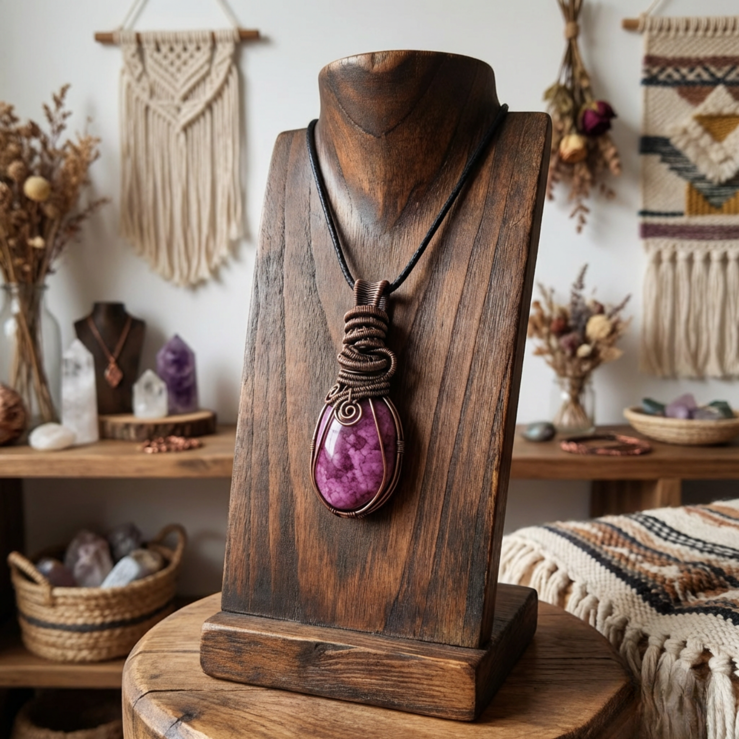 Necklace with a purple pendant on a wooden stand in a bohemian-style room.
