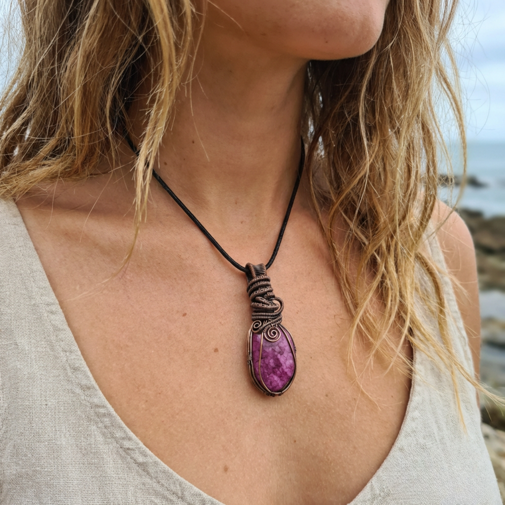 Person wearing a necklace with a purple and pink crackle quartz Agate copper wire wrapped pendant on a beach