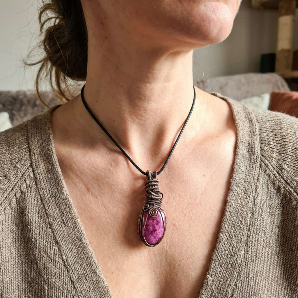 Person wearing a necklace with a pink pendant