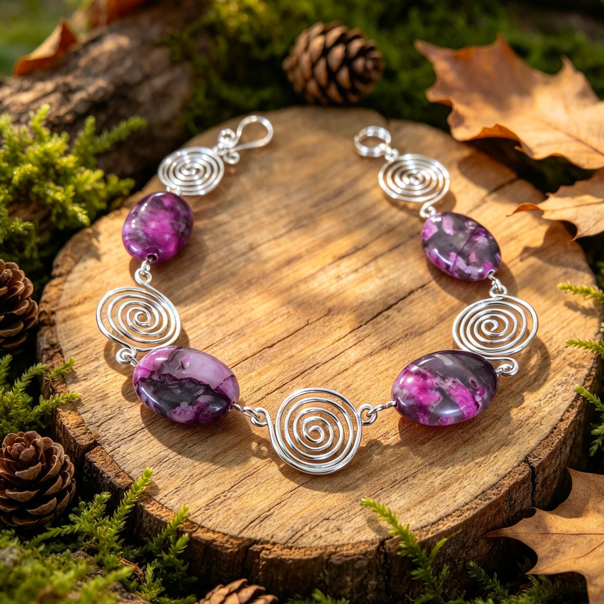 Pink Crazy Lace Agate Silver Spiral Bracelet, Handmade Wire Jewellery, Gift for Her