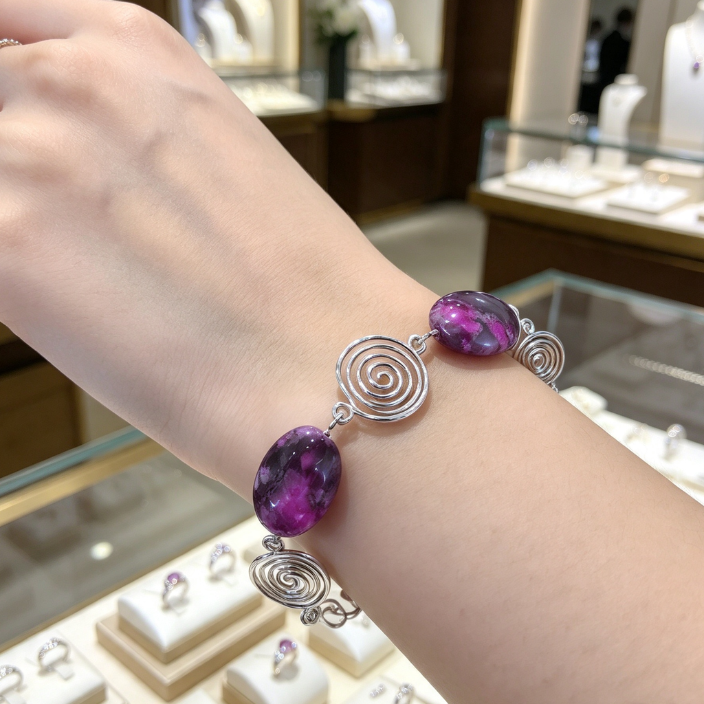Pink Crazy Lace Agate Silver Spiral Bracelet, Handmade Wire Jewellery, Gift for Her