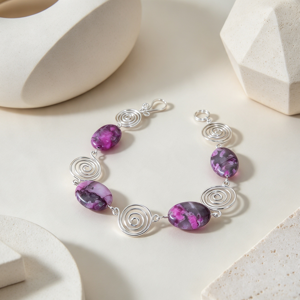 Pink Crazy Lace Agate Silver Spiral Bracelet, Handmade Wire Jewellery, Gift for Her