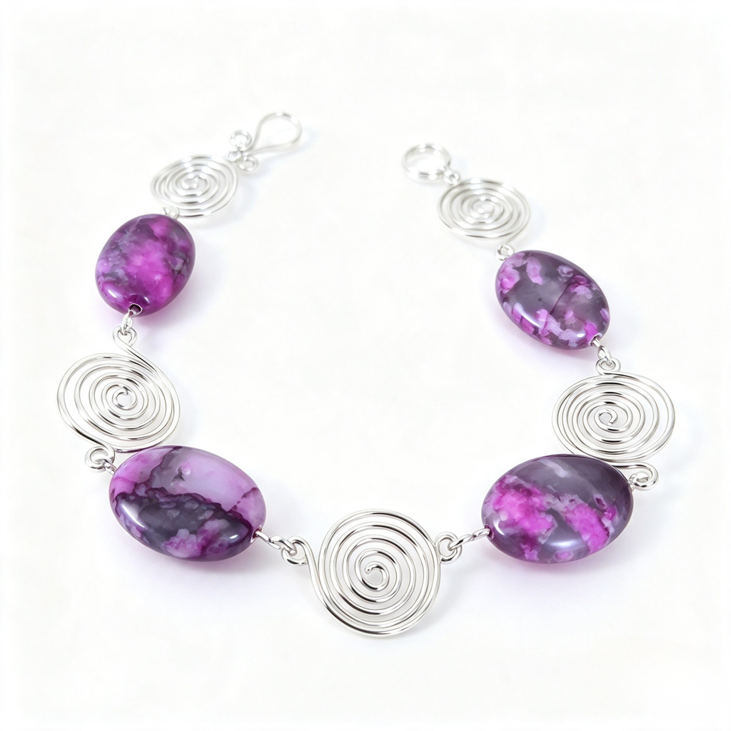Pink Crazy Lace Agate Silver Spiral Bracelet, Handmade Wire Jewellery, Gift for Her