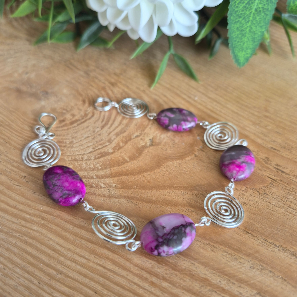 Pink Crazy Lace Agate Silver Spiral Bracelet, Handmade Wire Jewellery, Gift for Her