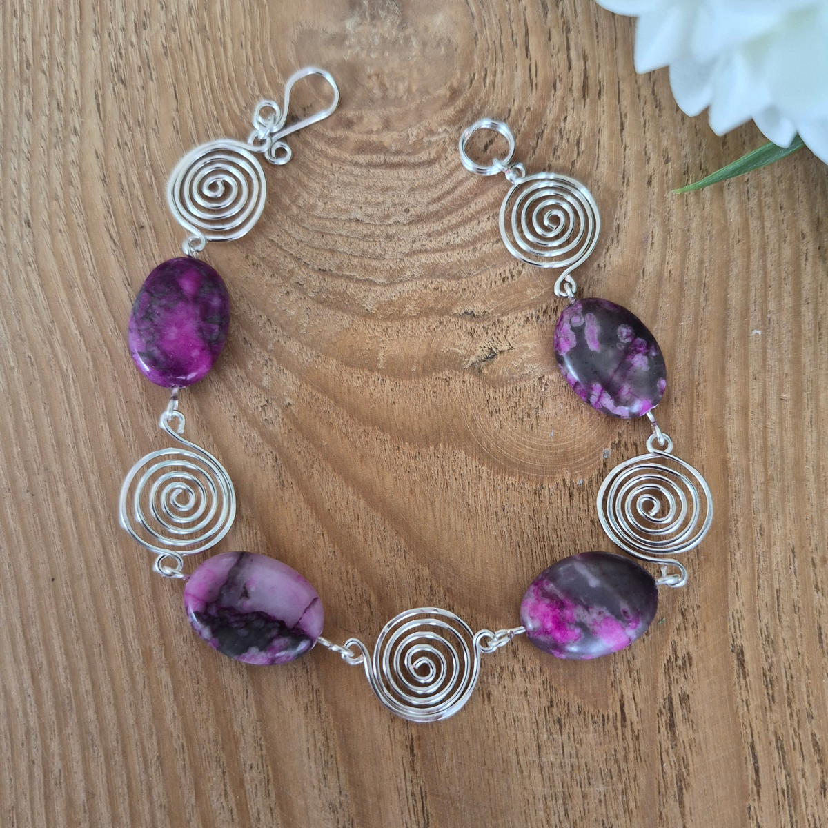 Pink Crazy Lace Agate Silver Spiral Bracelet, Handmade Wire Jewellery, Gift for Her