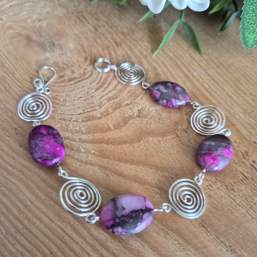 Pink Crazy Lace Agate Silver Spiral Bracelet, Handmade Wire Jewellery, Gift for Her