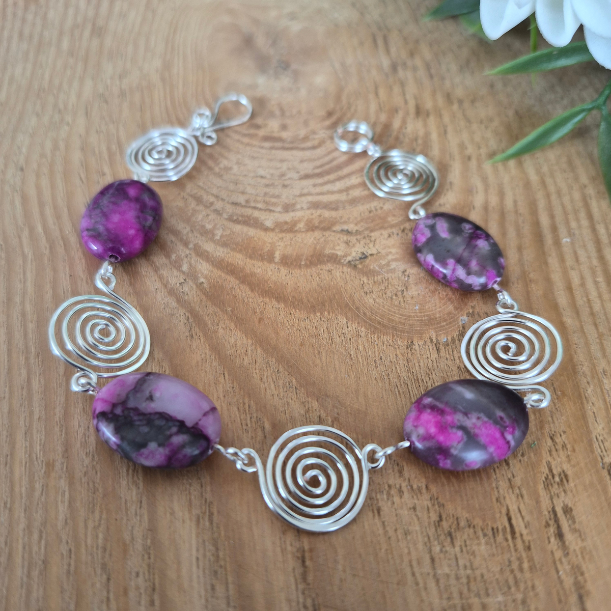 Pink Crazy Lace Agate Silver Spiral Bracelet, Handmade Wire Jewellery, Gift for Her