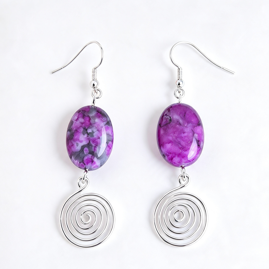 Pink Crazy Lace Agate Open Silver Spiral Earrings, Handmade Gemstone Drop Earrings, Gift for Her