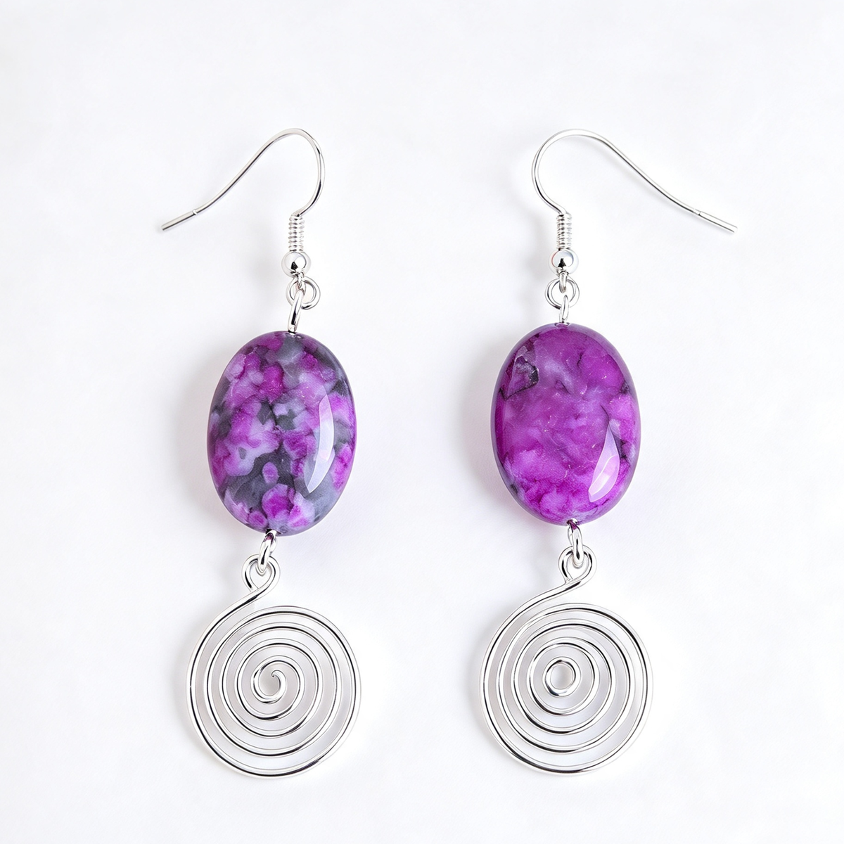 Pink Crazy Lace Agate Open Silver Spiral Earrings, Handmade Gemstone Drop Earrings, Gift for Her