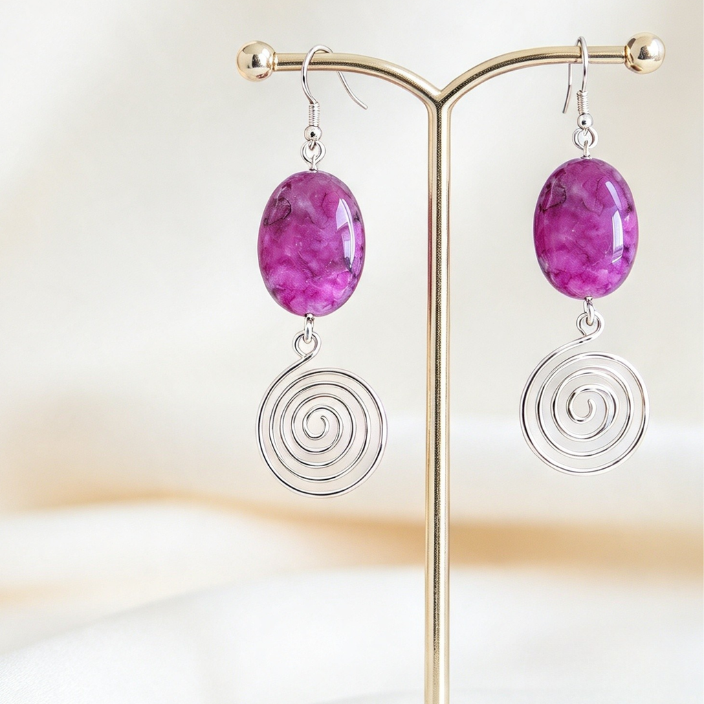 Pink Crazy Lace Agate Open Silver Spiral Earrings, Handmade Gemstone Drop Earrings, Gift for Her