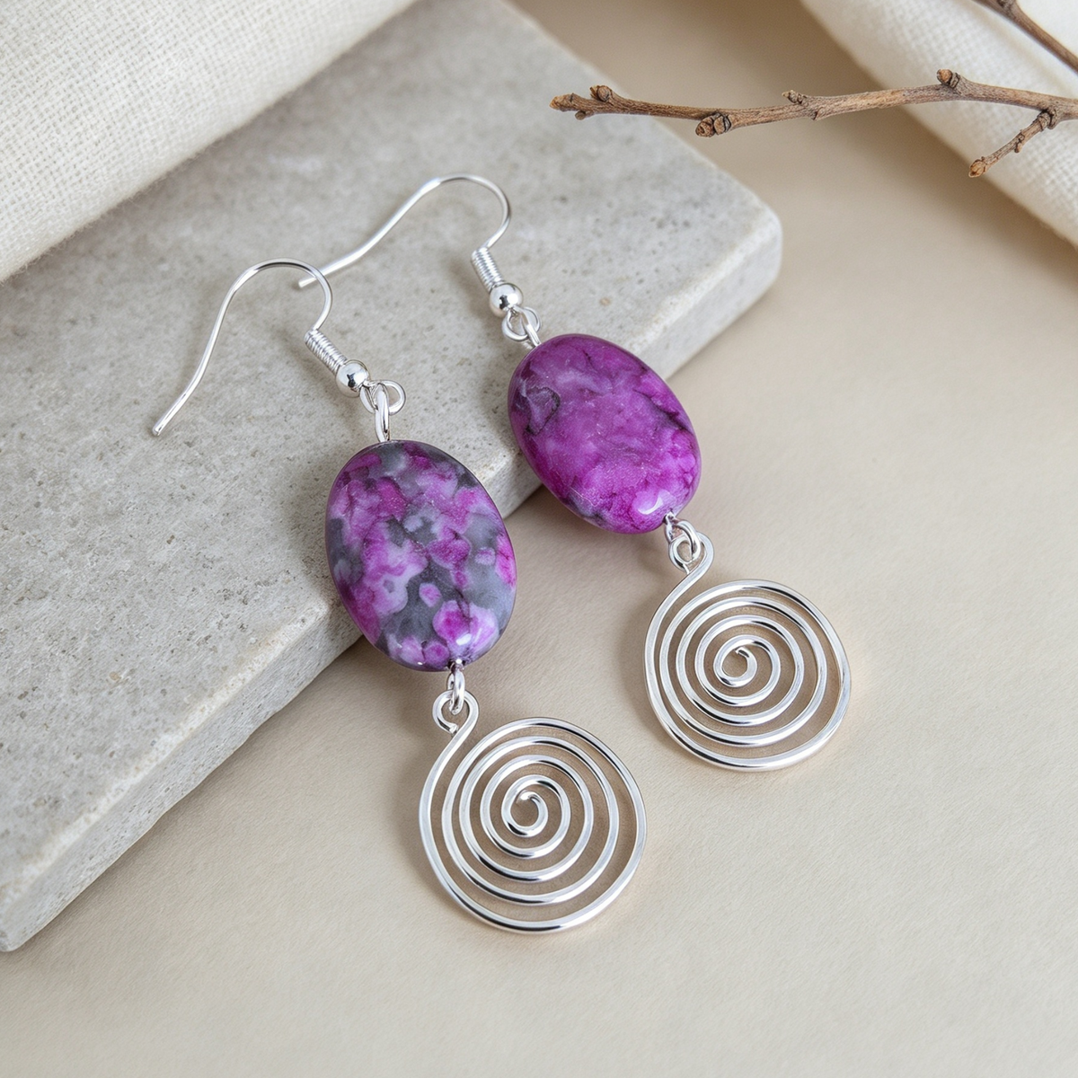 Pink Crazy Lace Agate Open Silver Spiral Earrings, Handmade Gemstone Drop Earrings, Gift for Her