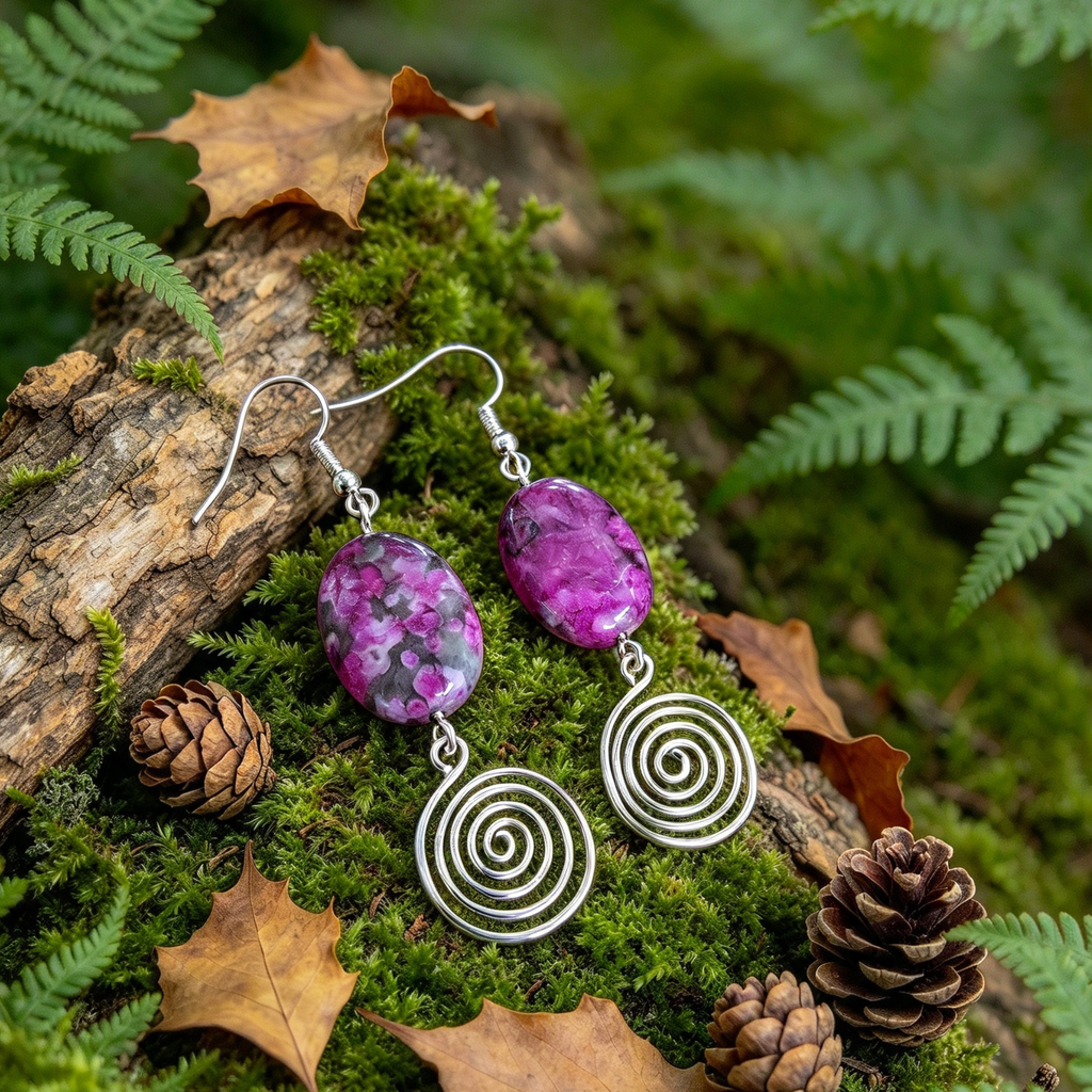 Pink Crazy Lace Agate Open Silver Spiral Earrings, Handmade Gemstone Drop Earrings, Gift for Her