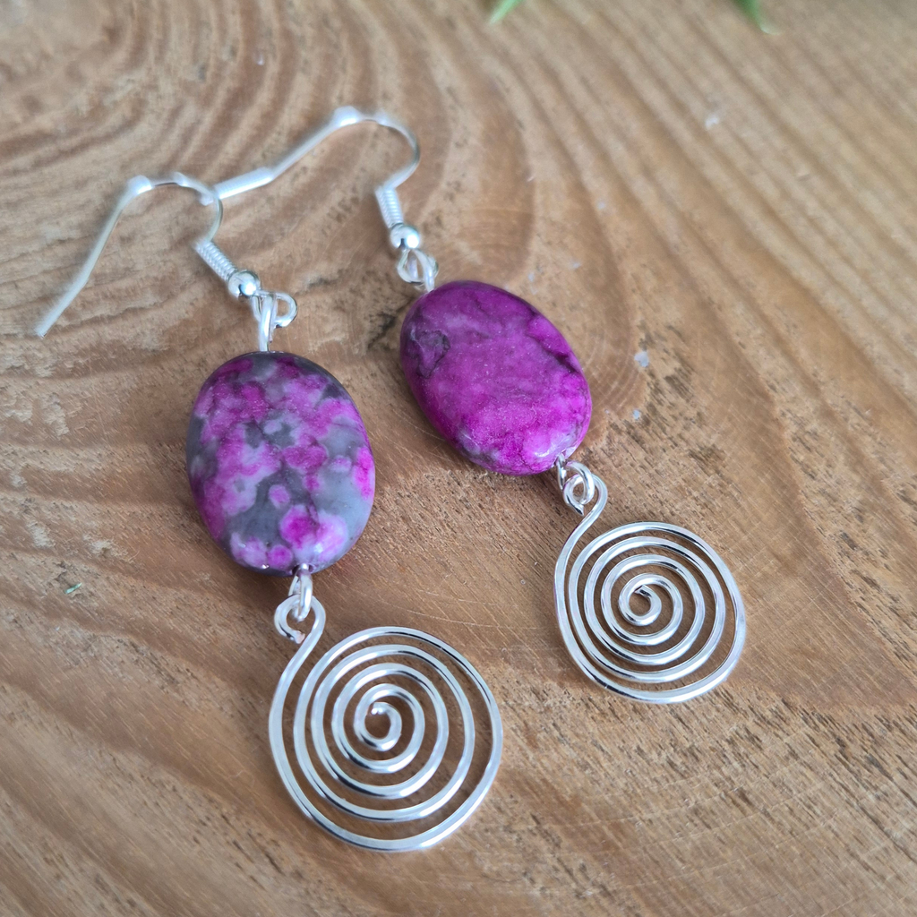 Pink Crazy Lace Agate Open Silver Spiral Earrings, Handmade Gemstone Drop Earrings, Gift for Her