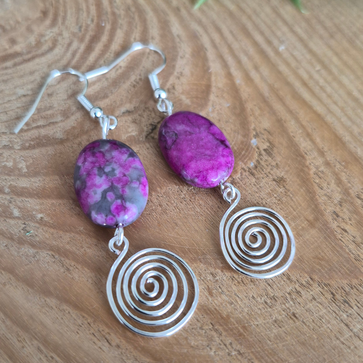 Pink Crazy Lace Agate Open Silver Spiral Earrings, Handmade Gemstone Drop Earrings, Gift for Her